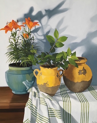 still life painting of vases and flowers by Suzanne Aulds