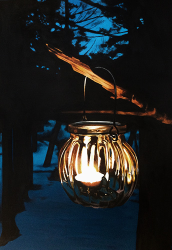 painting of a candle lit lamp over the water by Isobel Hamilton