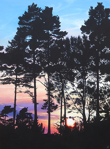painting of a sunset through trees by Isobel Hamilton