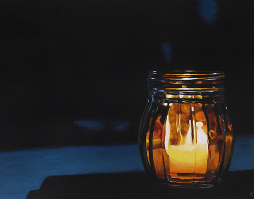 Painting of a night scene and a lone candle-lit jar by Isobel Hamilton