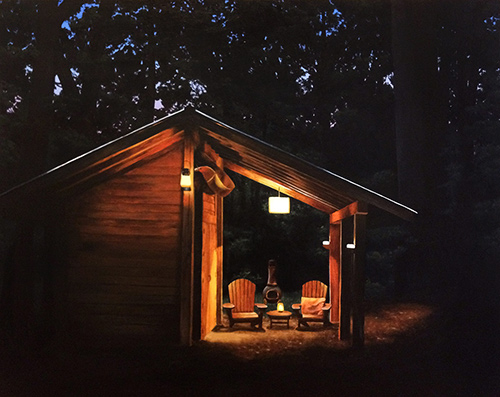 painting of a cabin at twilight with the porch light on by Isobel Hamilton