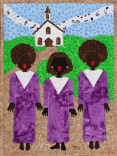 fabric collage of three female African-American choir members singing by Linda Keene