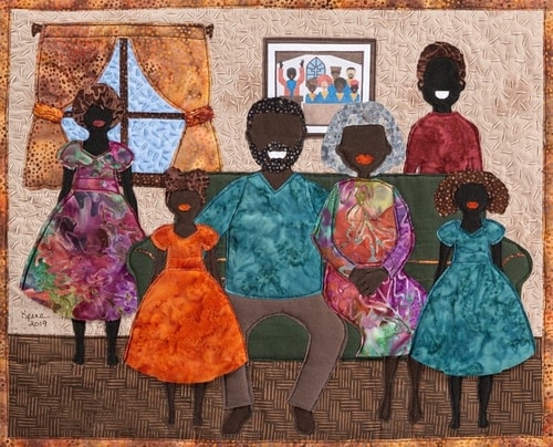 fabric collage of an African-American family by Linda Keene