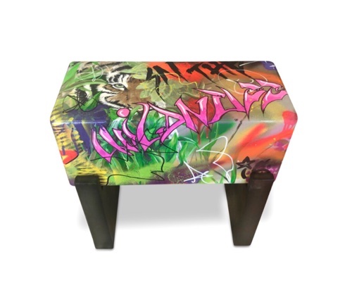 hand-painted steel tube bench with wood pedestal by Andrea Wendel