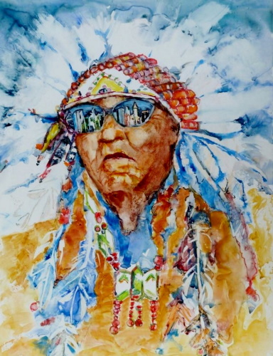 abstract watercolor portrait of an American Indian by Magali Lenarczak