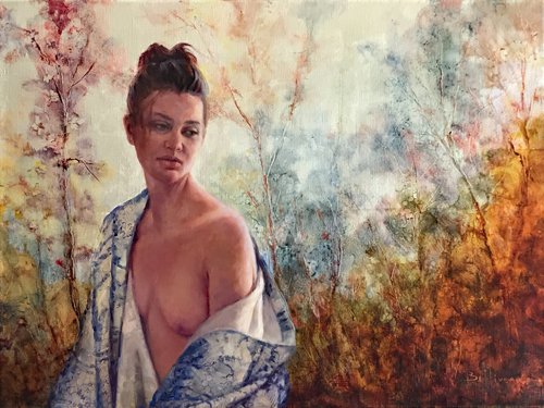 figurative painting of a woman in the woods by Carole Belliveau