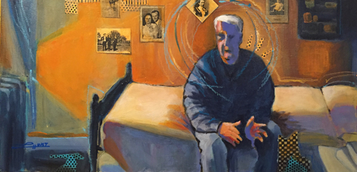 painting of an old man sitting on his bed by Laura Hunt
