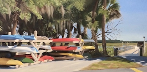 landscape painting of kayaks at Moss Creek Marina by Suzanne Aulds