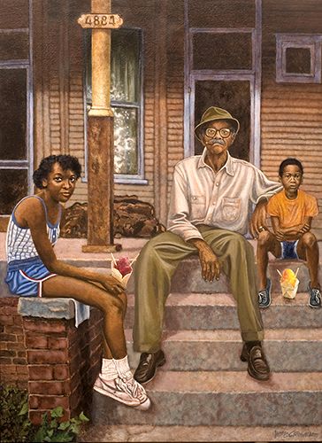 painting of a family on their front steps on Plum St. in New Orleans by William Crowell