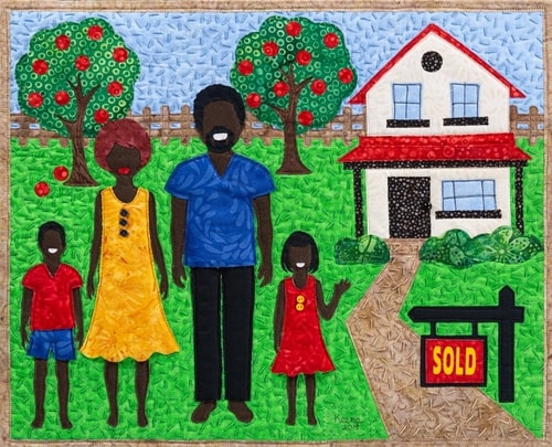 fabric collage of an African-American family outside their new home by Linda Keene
