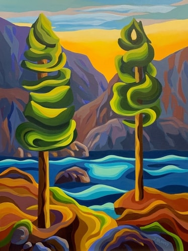 stylized landscape painting of the Pacific coast by Jodie Blaney