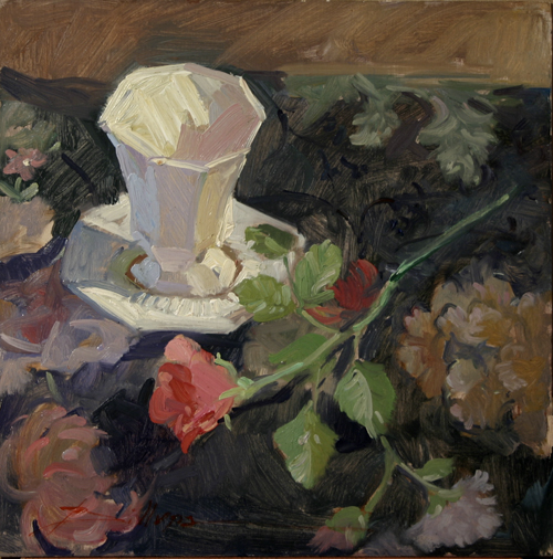 still life painting of a teacup and a rose by Betty Jean Billups