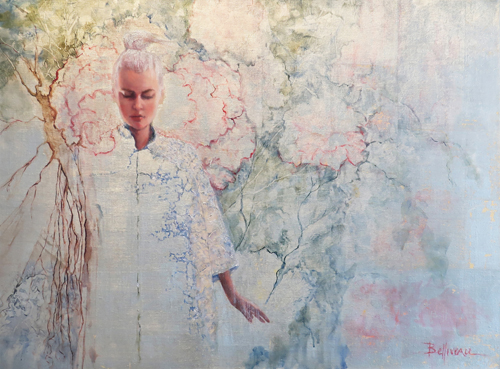 Mixed media painting of a woman in white by Carole Belliveau