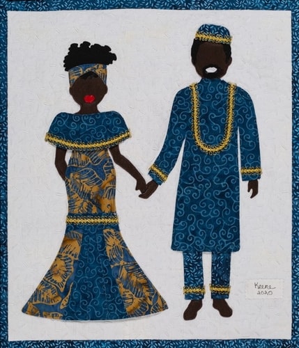fabric collage of an African-American couple in traditional clothing by Linda Keene