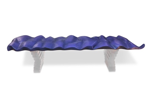 wood bench with blue acrylic seat by Andrea Wendel