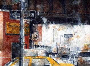 Painting of a taxi and the NYC High Line in watercolor