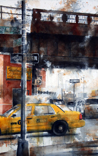 Painting of a taxi and the NYC High Line in watercolor