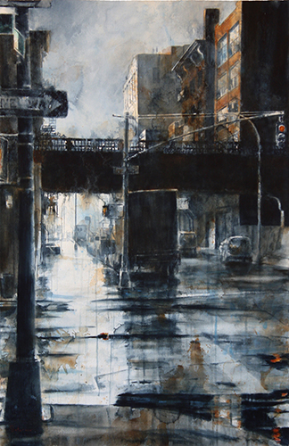 Watercolor painting of New York City in the rain