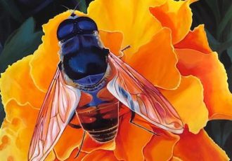 painting of a close up of a honeybee on a flower by Hunter Jay