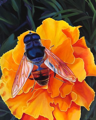 painting of a close up of a honeybee on a flower by Hunter Jay