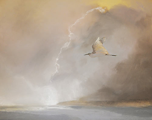 pastel of a seagull in the sky by John Held
