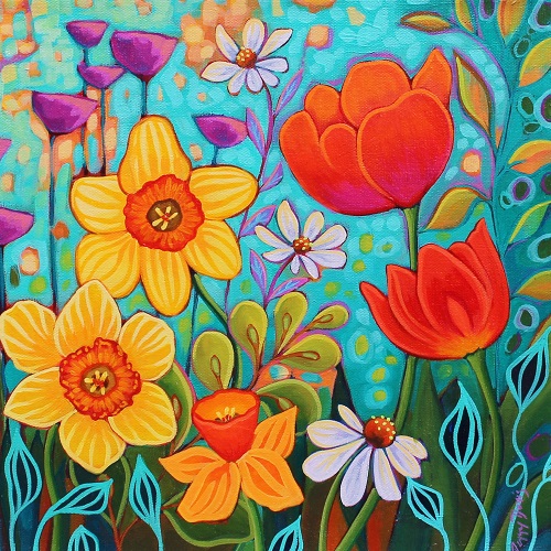 mixed media painting of spring flowers by Peggy Davis