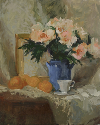 still life painting of tea, oranges and flowers by Betty Jean Billups