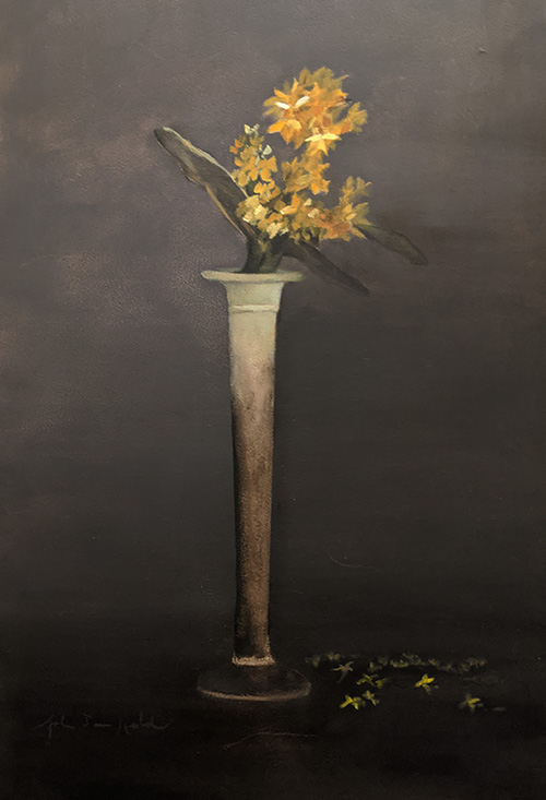 oil painting still life of a bud vase with yellow flowers by John Held