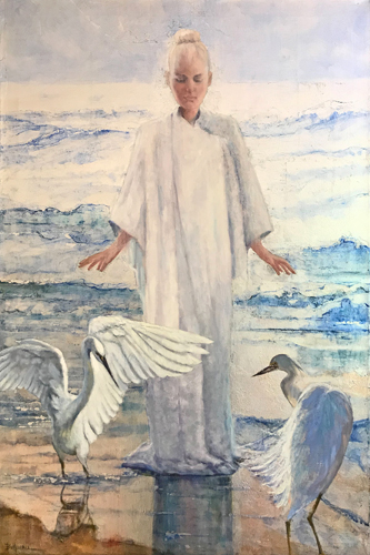 painting of a woman with herons on the beach by Carole Belliveau
