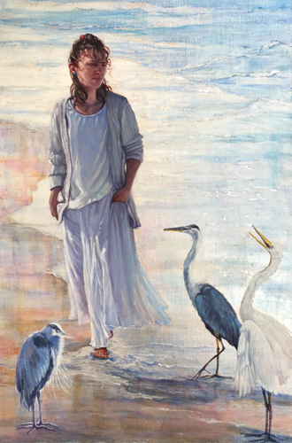 painting of a woman on the beach with herons by Carole Belliveau