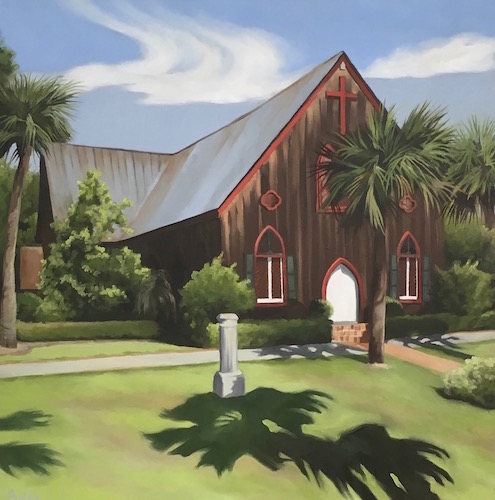 landscape painting with a brown church by Suzanne Aulds