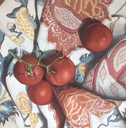 painting of tomatoes on fabric by Suzanne Aulds