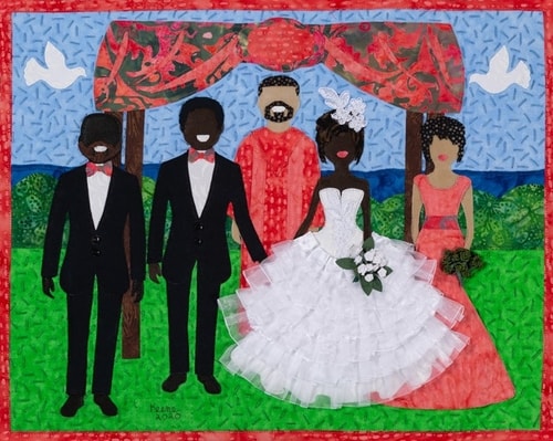 fabric collage of an African-American couple getting married by Linda Keene