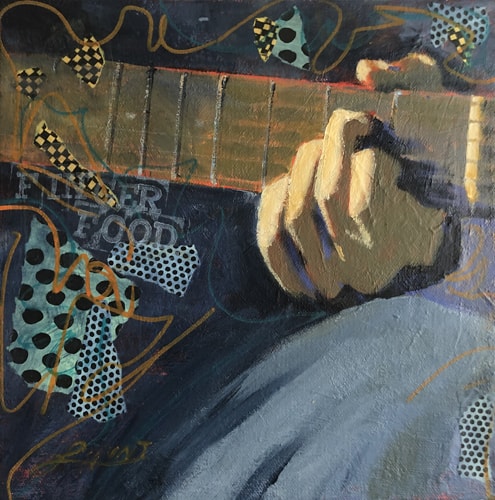 painting close up of a man playing a guitar by Laura Hunt