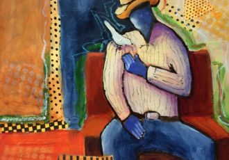 painting of a man feeding a bird by Laura Hunt