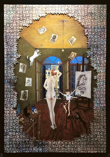 collage painting of an illusionist by Mitch Barrett