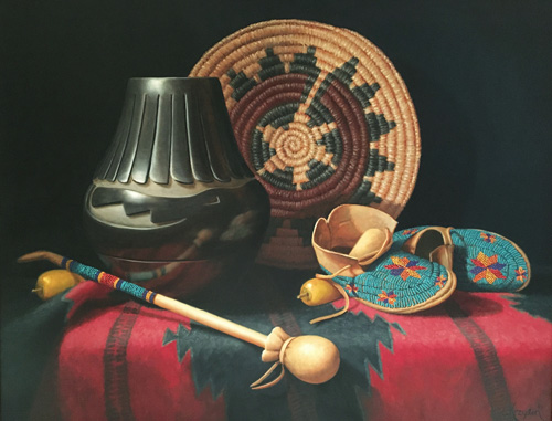oil painting of Native American artifacts