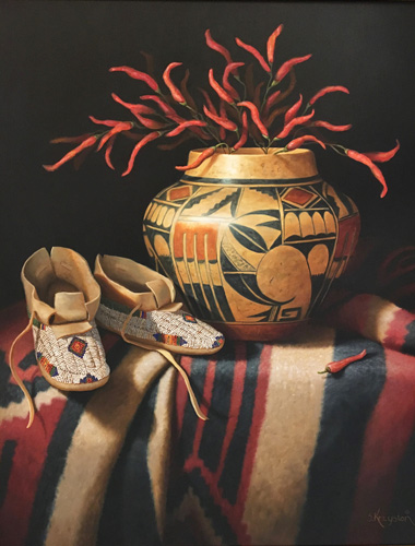 oil painting of Native American artifacts by Sue Krzyston