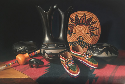 oil painting of Native American artifacts by Sue Krzyston