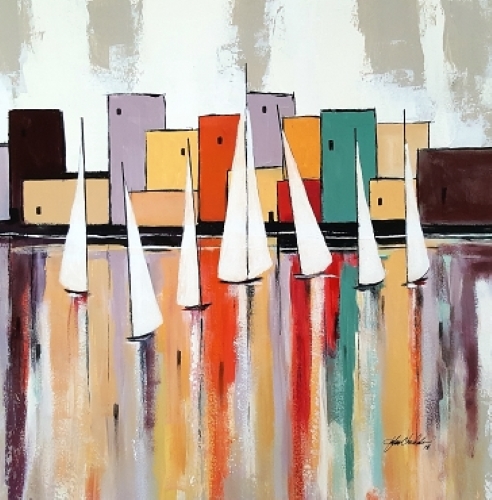 abstract landscape of sailboats on the water by John Chehak
