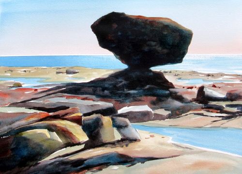 watercolor of a balancing rock at Haida Gwaii, Canada by Enda Bardell