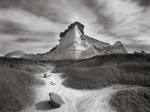 black and white photograph of the Bisti Pinnacle at the Bisti Badlands, NM, by Nathan McCreery