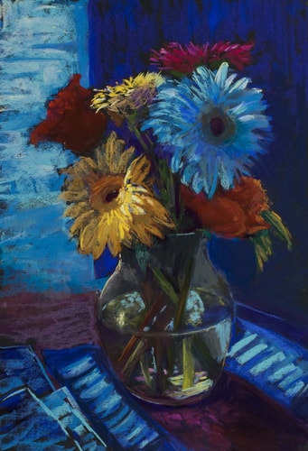 pastel of daisy arrangement in blue by Karen Israel