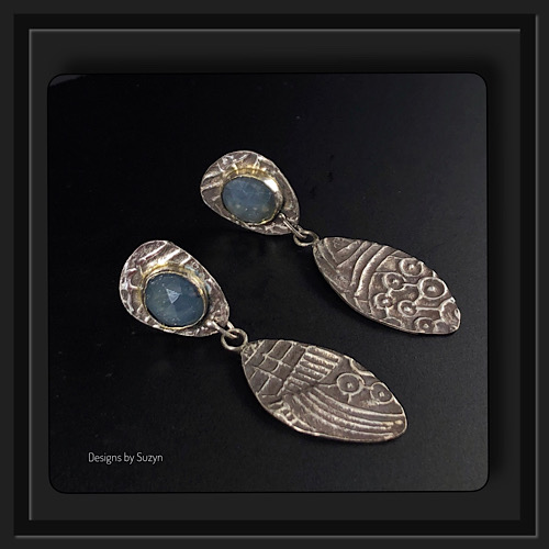 Blue sapphire and sterling silver textured earrings by Suzyn Gunther