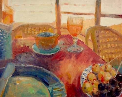 Oil painting of a breakfast table in Morocco by Josh Lance