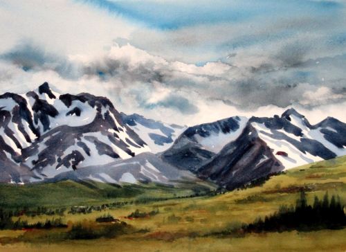 watercolor of a mountainous landscape at Kluane, Yukon by Enda Bardell