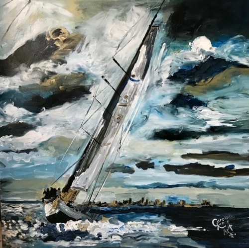 painting of a sailboat on the water by Caroline Karp