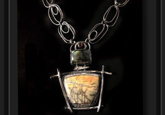 Cherry Creek Jasper, labradorite and carnelien necklace with hand forged Argentium chain by Suzyn Gunther