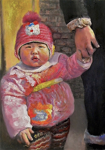 Painting of a Chinese baby in traditional dress by Josh Lance