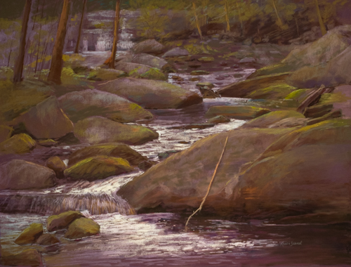 pastel of a wooded stream by Karen Israel